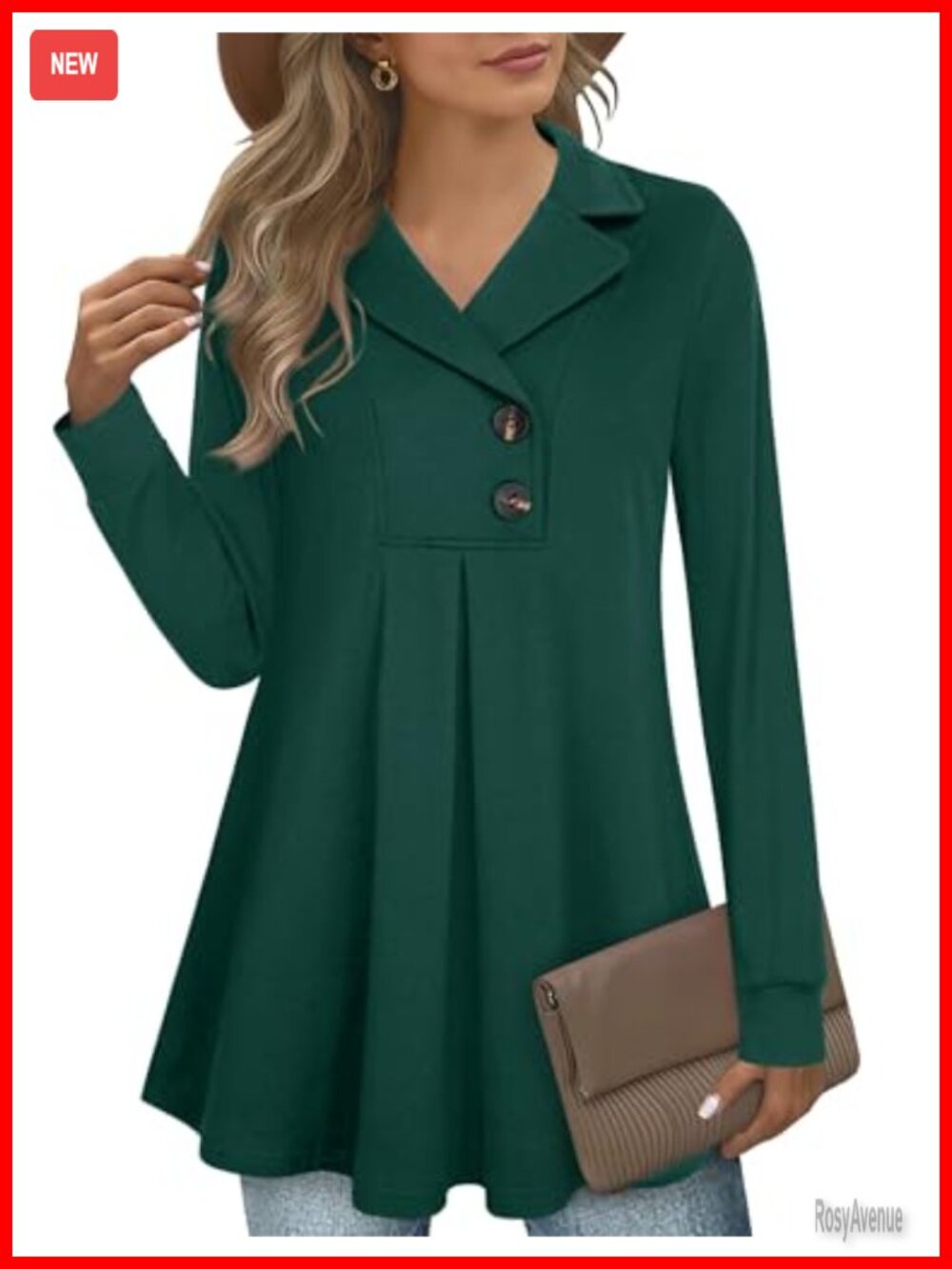 Women's Swing Tunic Notch Collar Button Long Sleeve Pullover Top